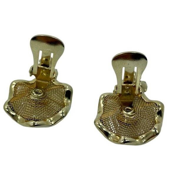 Floral Gold-Tone Mesh Clip-On Earrings with Purple Rhinestones - Mid-Century - Picture 3 of 5